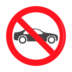 Prohibition sign, restriction, car sedan crossed out in a red circle. Prohibition of transport. Vector graphics.