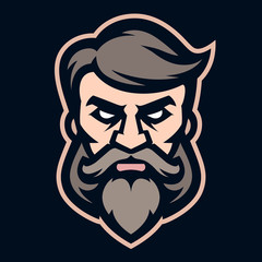 Logo stylish hairdresser, icon of a bearded and mustachioed man. Barbershop. Vector illustration. Simple shape for design emblem, symbol, sign, badge, label, stamp.
