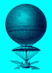 Historic balloon by Jean-Pierre Blanchard from 1785 descending in front of a blue background. Illustration after an engraving from the early 19th century. Editable in layers