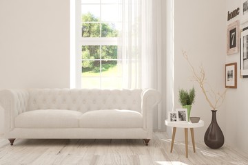 Stylish room in white color with sofa and summer landscape in window. Scandinavian interior design. 3D illustration