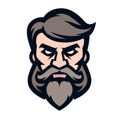 Logo stylish hairdresser, icon of a bearded and mustachioed man. Barbershop. Vector illustration, isolated on white background. Simple shape for design emblem, symbol, sign, badge, label, stamp.