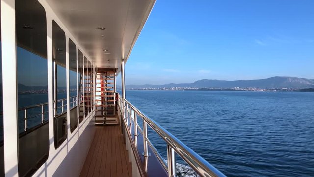 View of the sea from lower deck while cruising aboard a luxury motor yacht, nobody