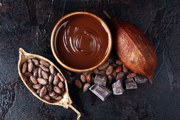 Melting chocolate, melted chocolate and chocolate swirl with stack and chips on table
