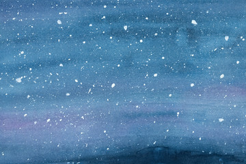 Watercolor drawing of winter sky landscape with falling snow, flecks and dots. Handdrawn water color graphic painting on paper. Beautiful backdrop for design, greeting card, banner, wallpaper, poster.