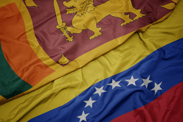 waving colorful flag of venezuela and national flag of sri lanka.