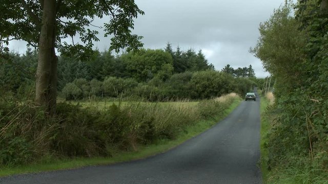 Steady, Medium Wide Shot Of A Green Car Driving On A Road Next To A Field And Telephone Poles.