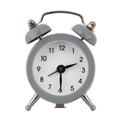 The gray clock with an alarm clock on a white background with arrows shows the time two hours thirty minutes or fourteen hours thirty minutes