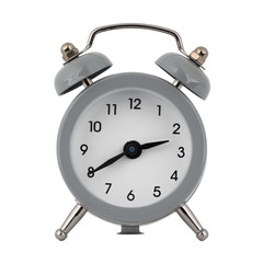 A gray clock with an alarm clock on a white background with arrows showing the time two hours forty minutes or fourteen hours forty minutes