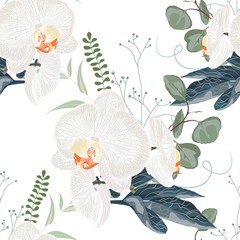 Tropic summer painting seamless pattern with eucaliptus, herbs and white orchid flowers. Trendy bunch exotic flower wallpaper on white background. © Iuliia