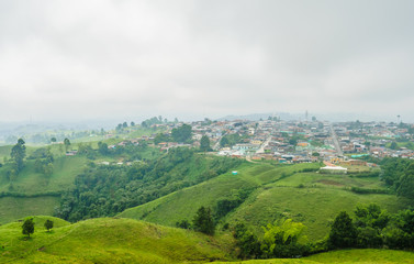 Aerial view over the colonial city of Filandia in Colombia