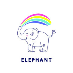 Cute elephant launches a rainbow. Isolated illustration on a white background for children. Design for kids print, postcard, t-shirt print, poster. Vector illustration in lines.