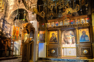 Fototapeta na wymiar Inside View of Mega Spilaio the Monastery of the Dormition of the Theotokos an old Greek Orthodox monastery near Kalavryta in Greece