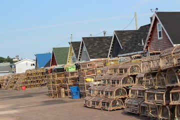 Lobster traps in front of lobster houses
