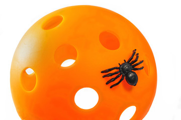 Pickleball Halloween...orange pickleball with black spider and white Background.