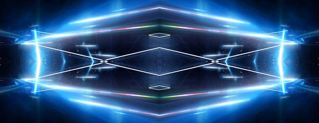 Abstract light tunnel. Light spotlights, lines, neon. Dark scene with rays and a laser.