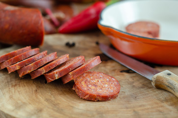 Turkish sausage sucuk slices.