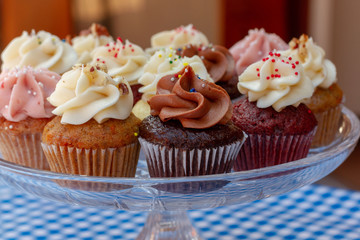 Cupcakes on a glass tray on a blue checkered tablecloth as seen from above. Multi-colored cupcakes with red velvet, vanilla, chocolate, lemon, and strawberry flavors with sprinkled frosting. 