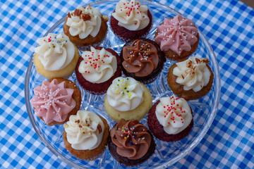 Cupcakes on a glass tray on a blue checkered tablecloth as seen from above. Multi-colored cupcakes with red velvet, vanilla, chocolate, lemon, and strawberry flavors with sprinkled frosting. 