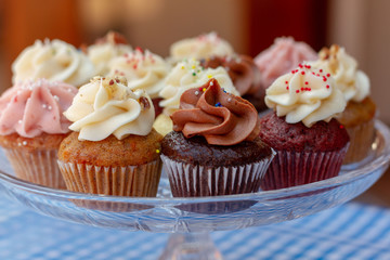 Cupcakes on a glass tray on a blue checkered tablecloth as seen from above. Multi-colored cupcakes with red velvet, vanilla, chocolate, lemon, and strawberry flavors with sprinkled frosting. 