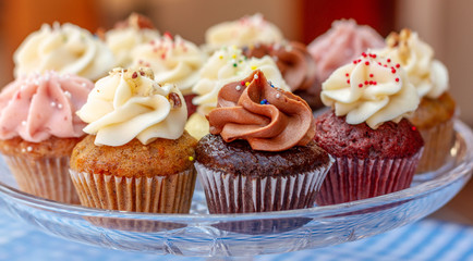 Cupcakes on a glass tray on a blue checkered tablecloth as seen from above. Multi-colored cupcakes with red velvet, vanilla, chocolate, lemon, and strawberry flavors with sprinkled frosting. 
