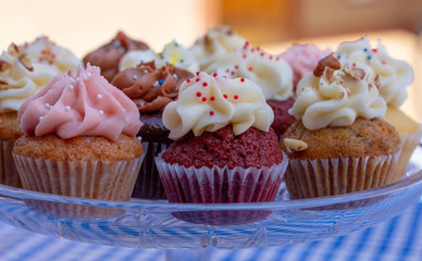 Cupcakes on a glass tray on a blue checkered tablecloth as seen from above. Multi-colored cupcakes with red velvet, vanilla, chocolate, lemon, and strawberry flavors with sprinkled frosting. 