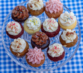 Cupcakes on a glass tray on a blue checkered tablecloth as seen from above. Multi-colored cupcakes with red velvet, vanilla, chocolate, lemon, and strawberry flavors with sprinkled frosting. 