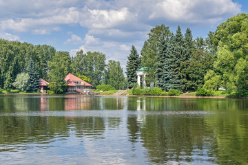 Primorskiy (Maritime) Victory Park on Krestovsky Island with its Swan pond, Swan farm and rotunda in Saint Petersburg, Russia