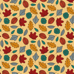 Vector autumn leaves seamless pattern in orange. Simple doodle leaves hand drawn made into repeat. Great for background, wallpaper, wrapping paper, packaging, fashion.