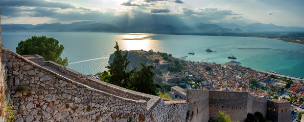 An amazing view from the top of Palamidi fortress above the city of Nafplion in Greece in the late afternoon