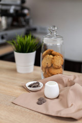 Bar counter in a coffee shop with New Year's decorations, cookies, sweets and coffee