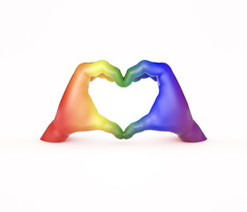 gay rights gay colors hand created heart rainbow Right to choose your own way. loseup shot of a gay couple holding hands, patterned as the rainbow flag isolated on white studio background. Concept of