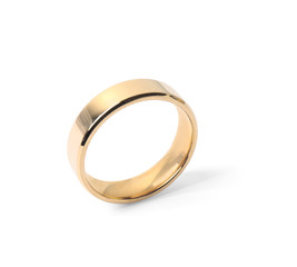 Shiny gold wedding ring on white background