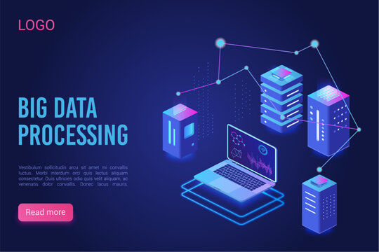 Big data processing and analysing landing page vector template. Analytics data servers, Server room banner, web hosting concept, ultraviolet isometric vector illustration