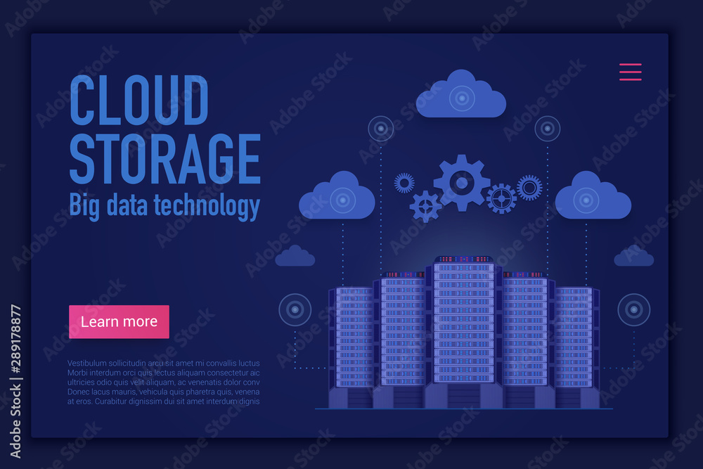 Fototapete Cloud storage vector landing page template. Cloud management, computing, database and information storage website homepage concept. Computer server. Big data technology web banner layout