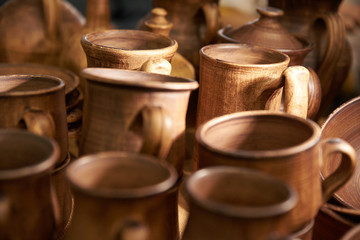 Brown clay ceramic cups traditional historical Ukrainian, in the store