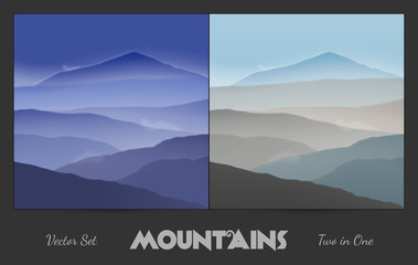 Vector set with mountain foggy ranges. Vector illustration with day and night landscapes. Mountain peak in fog. Abstract natural background