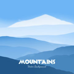 Fototapeta na wymiar Mountain foggy landscape. Vector illustration with mountain ranges in winter. Snow-covered mountain peak. Abstract natural background