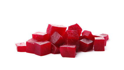 Heap of cut boiled red beet on white background