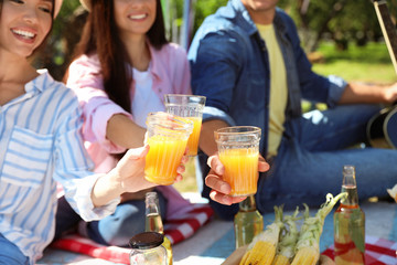 Young people enjoying picnic in park on summer day, closeup