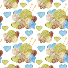 Watercolor Seamless pattern Hobby Knitting. Collection of hand drawn light blue, green, beige, brown colors elements of knitting needles, knitted heart and buttons on white background