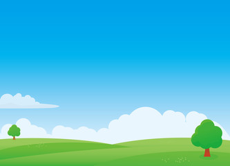 Nature landscape vector illustration with blue sky and green meadow. Field vector illustration