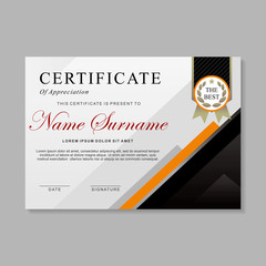 Modern certificate template design with black, white and orange color. Diploma template design