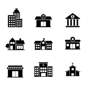Set of building related icon such as school, hospital, house and more with black and white design 