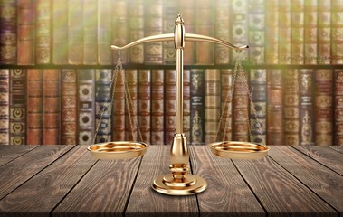 Law scales on table background. Symbol of justice