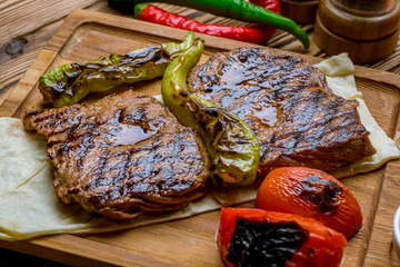 grilled steak on Turkish on wooden table