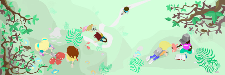 Panoramic vector landscape.Children interacting with the environment.The theme is the study of the surrounding world by children of elementary grades.Widescreen image of nature.Top view, flat style.