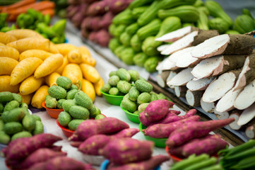 Display of neatly arranged vegetables at a stall in the weekly tropical farmer's market in General Osorio Plaza in Ipanema, Rio de Janeiro, Brazil