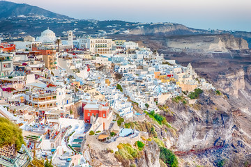 Enchanting Panorama of Marvelous Thira (Fira) City in Santorini Island In Greece.