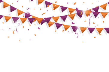 Colorful bunting flags with Confetti and ribbons for halloween, birthday, celebration, carnival, anniversary and holiday party on white background. Vector illustration