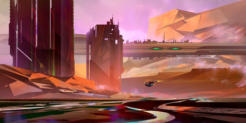 painted bright fantastic landscape of the future in cyberpunk style